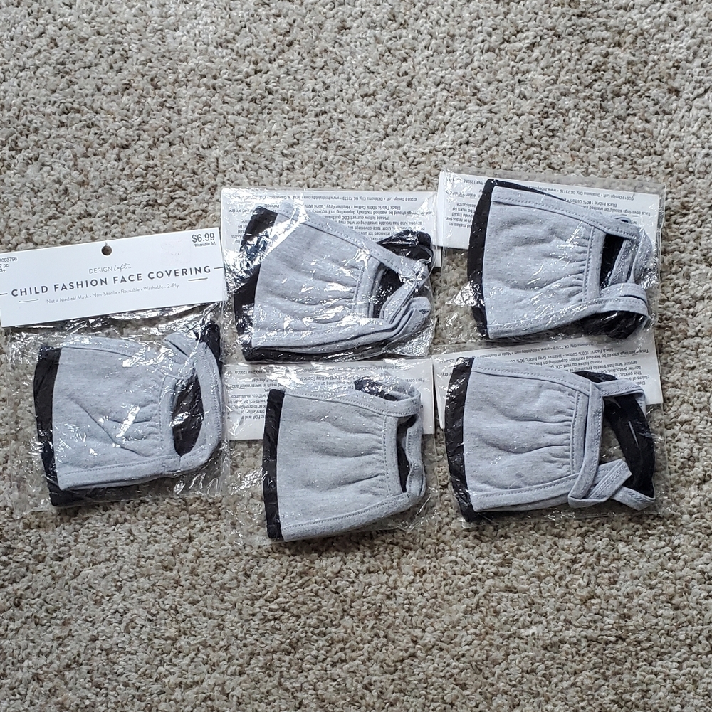 Child Fashion Face Covering - Light Gray with Black Trim (5 Pack)